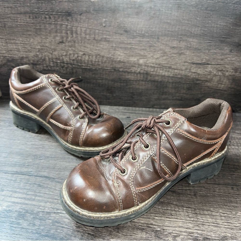 Vintage 90s Lower East Side Brown Leather Lace Up Boots Size 8W - Picture 1 of 9